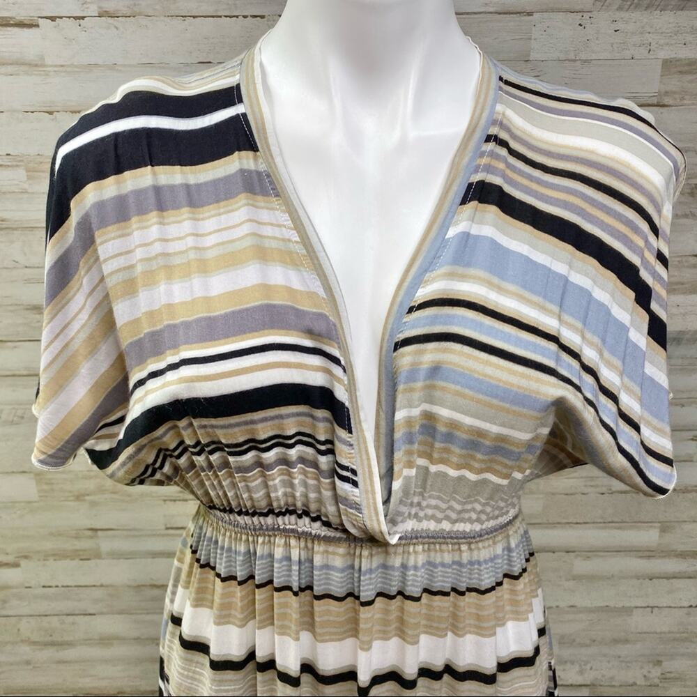 Hale Bob Silk Blend Faux Wrap Dress Womens Size S Tan Black Striped - Picture 2 of 13